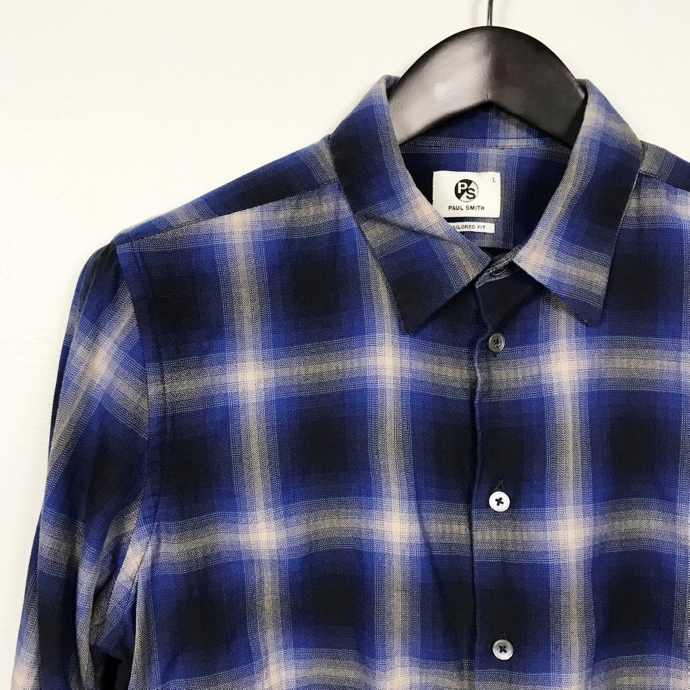 Paul Smith Blue Button Down Shirt Long Sleeve Flip Cuff Windowpane Large